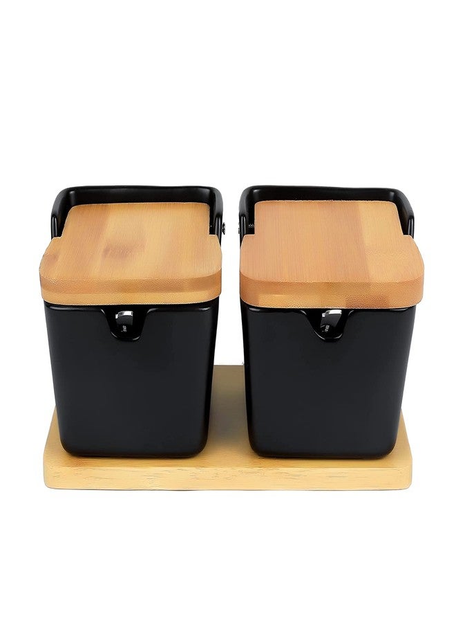 Tendula Ceramic Condiment Pot with Wood Tray, 2 Pcs Black Porcelain Spice Jars with Spoons and Bamboo Lids, Perfect for Sugar Salt Pepper - Image 1