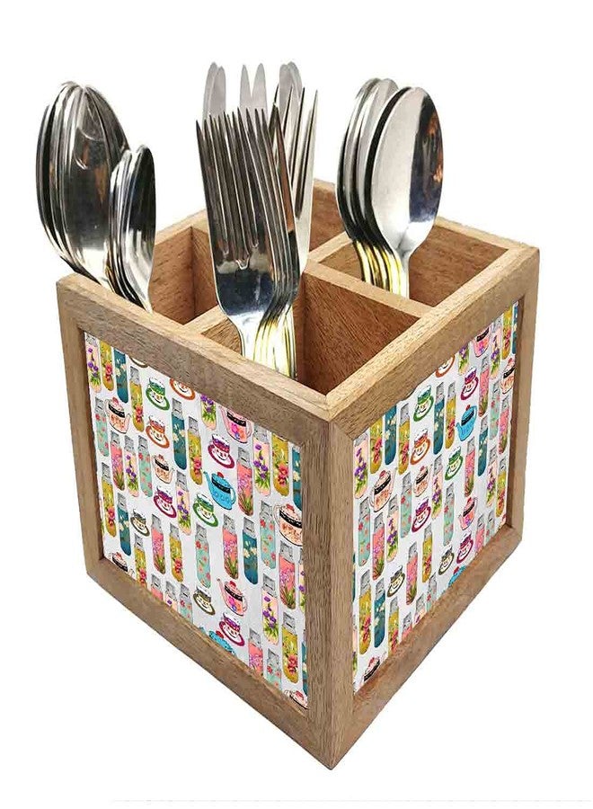 Nutcase Wooden Cutlery Stand Holder Silverware Caddy Spoons Forks Knives Organizer for Dining Table & Kitchen -Made in India-Spoons NOT Included - Tea Time Elements - Image 1