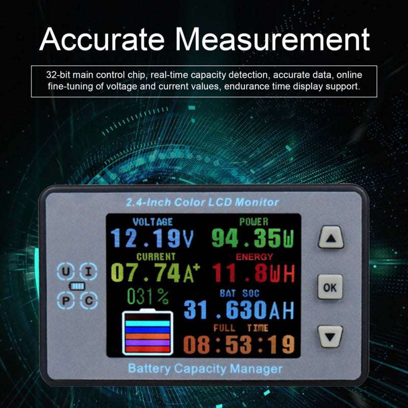 Car Battery Coulometer 100A Accurate Measurement LCD Screen Coulometer - Bidirectional Current Detection Voltage Current Capacity Meter for Vehicle Battery Monitoring - Image 3
