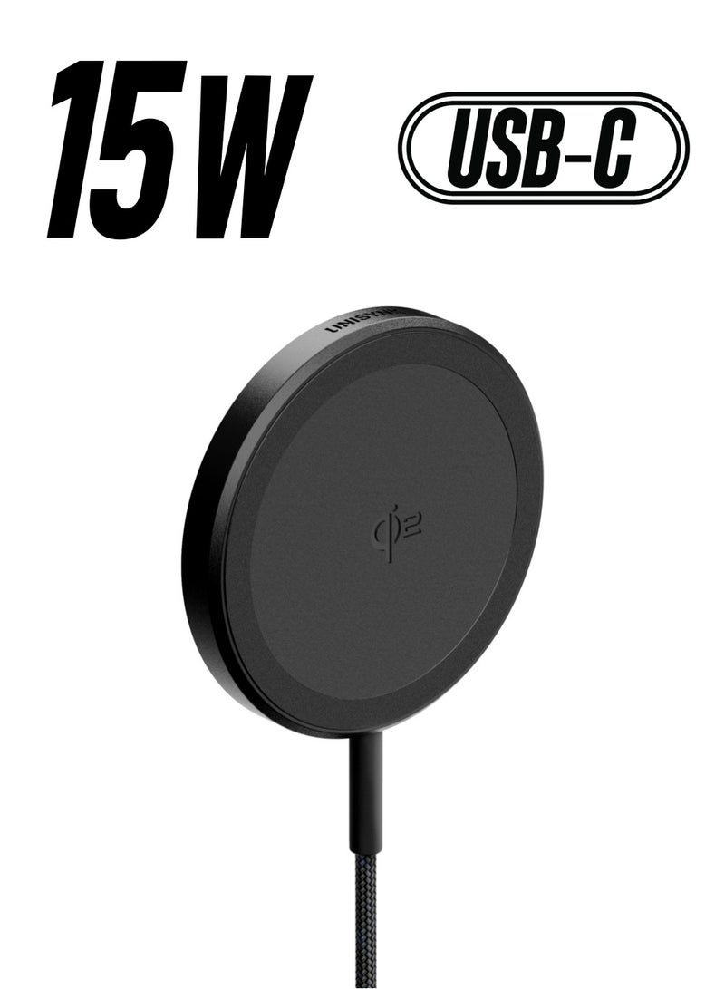 Unisynk Magnetic Wireless Charger Qi2 15W - USB-C, Magnetic Attachment, Fast Wireless Charging, 2m Cable Black - Image 1