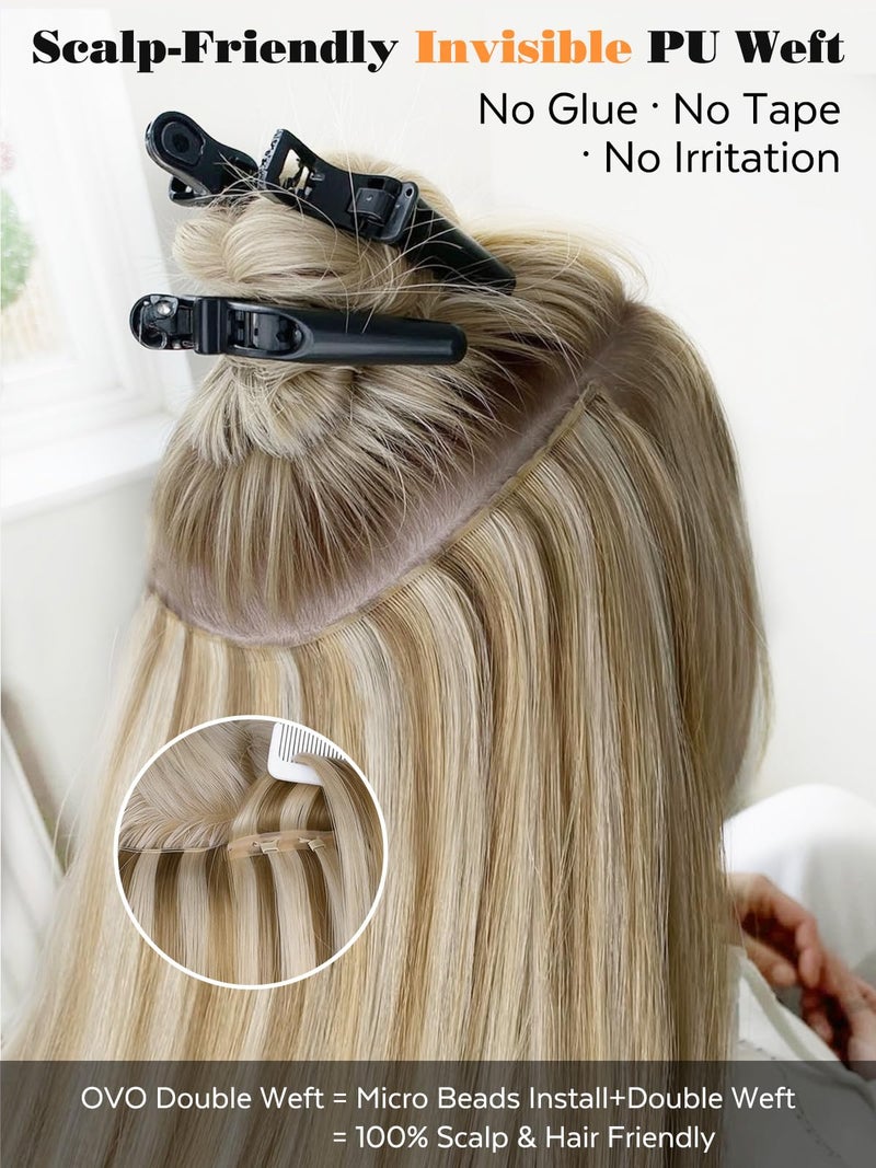 LADY MIRANDA 18 Inch 8PCS 100G OVO Butterfly Hair Extensions Real Human Hair Mixed Blonde Human Hair Extensions PU Weft with Micro Beads Hair Extensions Invisible Skin Weft (9A/60, 18 Inch) - Image 4