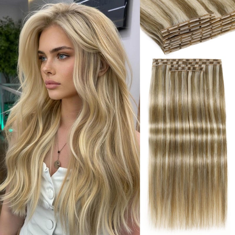 LADY MIRANDA 18 Inch 8PCS 100G OVO Butterfly Hair Extensions Real Human Hair Mixed Blonde Human Hair Extensions PU Weft with Micro Beads Hair Extensions Invisible Skin Weft (9A/60, 18 Inch) - Image 1