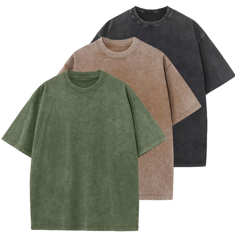 KEEPSHOWING 3 Pcs Oversized Heavy Cotton Summer T-Shirts Vintage Unisex Short Sleeves Casual Loose Basic Tops(Black+Coffee+ArmyGreen L) - Image 1
