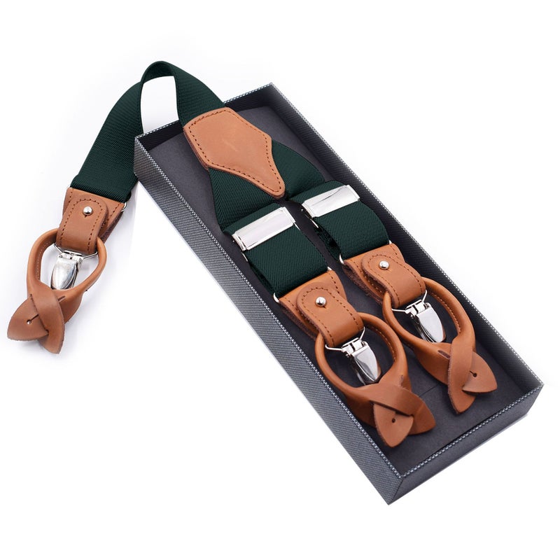 Mens Trendy Suspenders 3.5cm Adjustable Elastic 6 Clips Casual Straps Army Green 