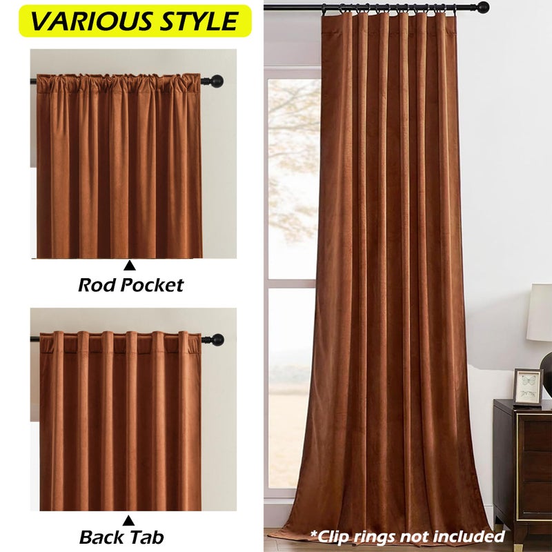 Timeper Burnt Orange Pleat Back Tab Velvet Curtains W52 x L84 inches 2 Panels, Room Darkening Solid Home Decor Curtains for Bedroom Living Dining Room Thermal Insulated Luxury Super Soft Window Drapes - Image 2