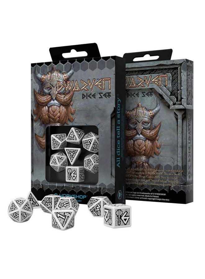 Q WORKSHOP Q-Workshop Dwarven White & Black RPG Ornamented Dice Set 7 Polyhedral Pieces - Image 2