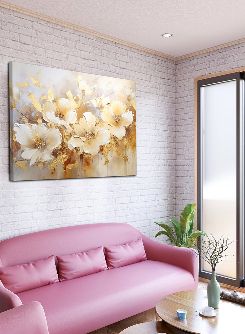 LOWHA Canvas Wall Art Stretched Over Wooden Frame with Golden Flowers Painting - Image 1