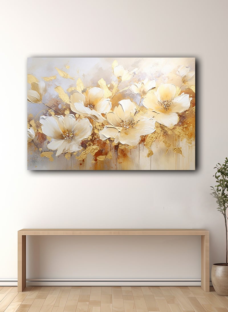 LOWHA Canvas Wall Art Stretched Over Wooden Frame with Golden Flowers Painting - Image 3