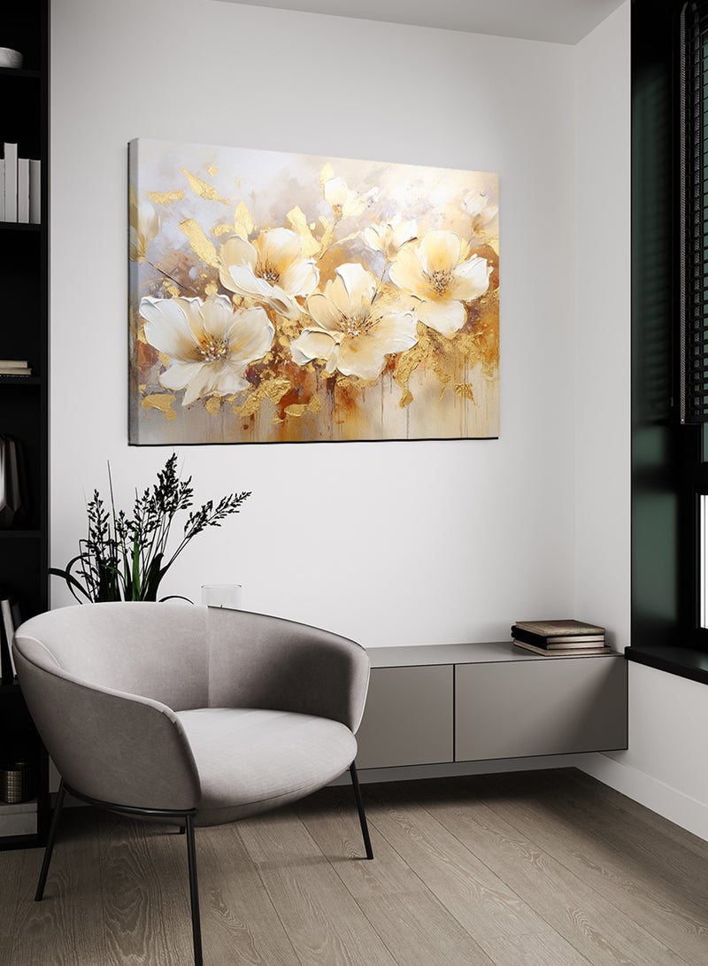 LOWHA Canvas Wall Art Stretched Over Wooden Frame with Golden Flowers Painting - Image 2
