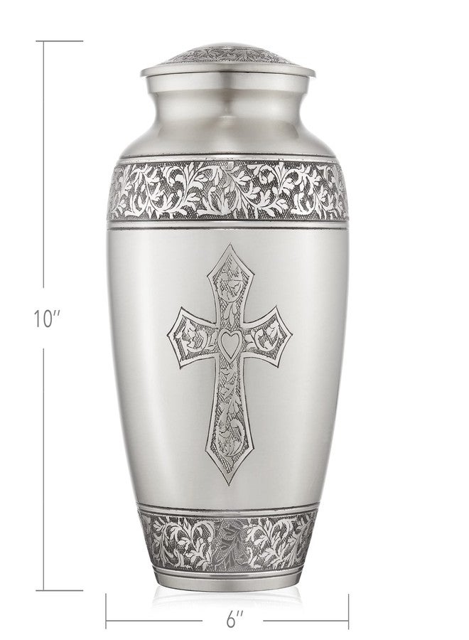 Reminded Adult Cremation Memorial Urn for Human Ashes, Pewter Etched Cross Funeral Urn with Velvet Bag - Image 2