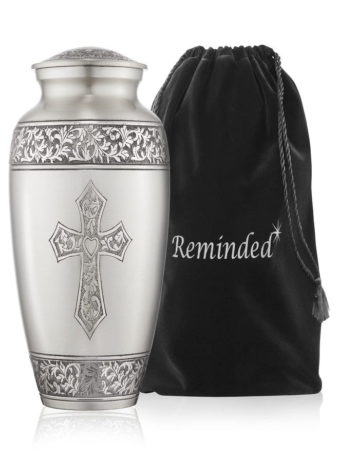 Reminded Adult Cremation Memorial Urn for Human Ashes, Pewter Etched Cross Funeral Urn with Velvet Bag - Image 1