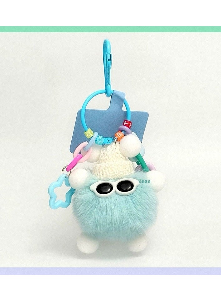 Key Ring, Blue Fluffy Monster Keychain, Adorable Plush Bag Accessory, Fashionable Key Ring with Knitted Hat and Glasses, Perfect for Handbags, Purses, Backpacks, Water Bottles and Car Keys, Made from Soft and Durable Materials