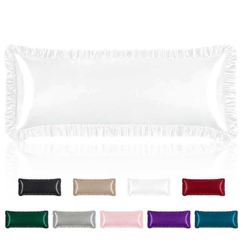 Homiest Ruffle Satin Body Pillow Cover, Silky Satin Body Pillowcase with Envelope Closure, Luxury & Ultra Soft Body Size Pillow Cases for Hair and Skin, Ruffled Long Pillow Shams (White) - Image 1