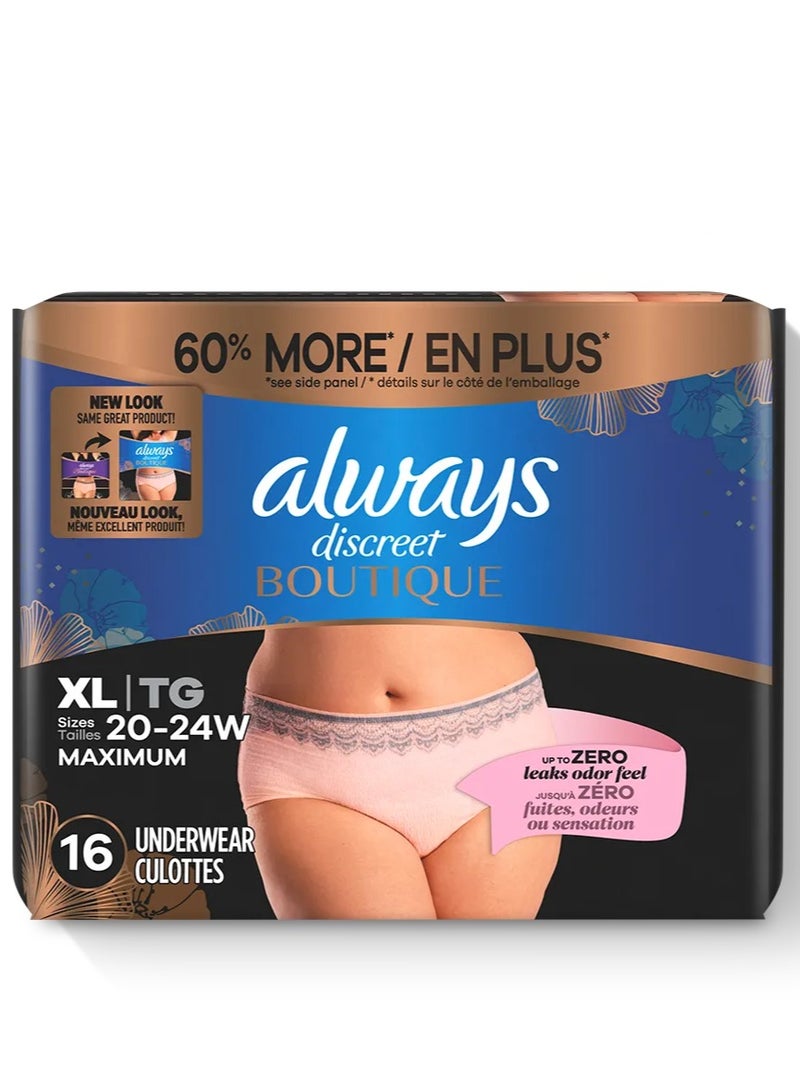 Always Discreet ملابس داخلية نسائية بوتيكية لمرضى سلس البول وما بعد الولادة، حماية قصوى، مقاس XL، وردي، 16 قطعة (قد تختلف العبوة) - Image 1