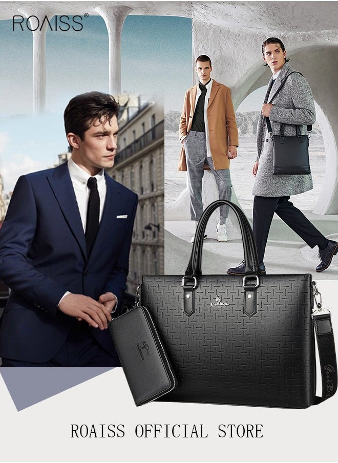 roaiss Classic PU Business Leather Briefcase with One Clutch 14 Inch Laptop Bag Large Capacity Messenger Soft Top Handle Tote with Long Shoulder Strap Men Travel Office Black  - Image 3