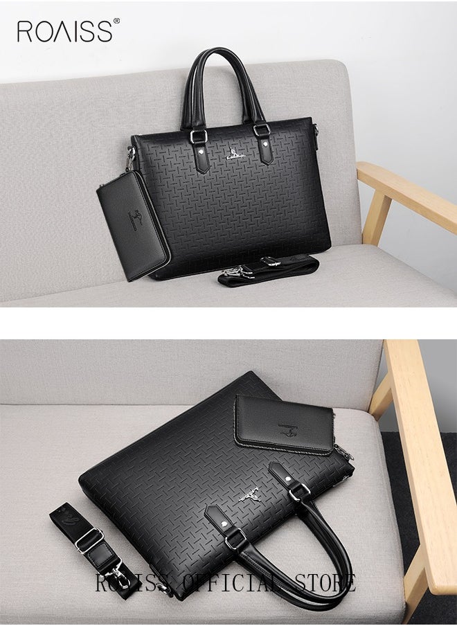 Classic PU Business Leather Briefcase with One Clutch 14 Inch Laptop Bag Large Capacity Messenger Soft Top Handle Tote with Long Shoulder Strap Men Travel Office Black
