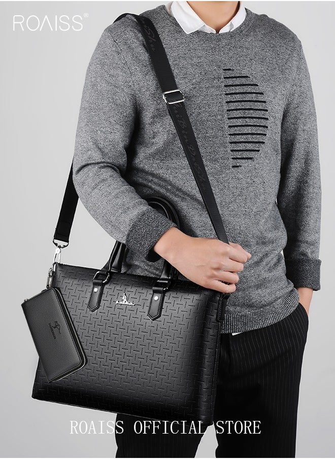 Classic PU Business Leather Briefcase with One Clutch 14 Inch Laptop Bag Large Capacity Messenger Soft Top Handle Tote with Long Shoulder Strap Men Travel Office Black
