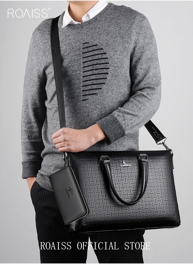 Classic PU Business Leather Briefcase with One Clutch 14 Inch Laptop Bag Large Capacity Messenger Soft Top Handle Tote with Long Shoulder Strap Men Travel Office Black