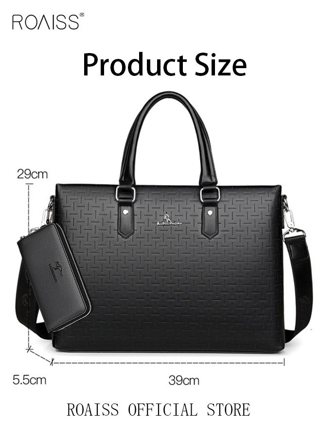 Classic PU Business Leather Briefcase with One Clutch 14 Inch Laptop Bag Large Capacity Messenger Soft Top Handle Tote with Long Shoulder Strap Men Travel Office Black