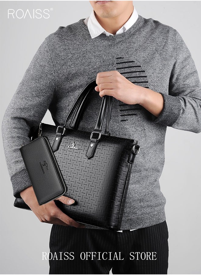 Classic PU Business Leather Briefcase with One Clutch 14 Inch Laptop Bag Large Capacity Messenger Soft Top Handle Tote with Long Shoulder Strap Men Travel Office Black