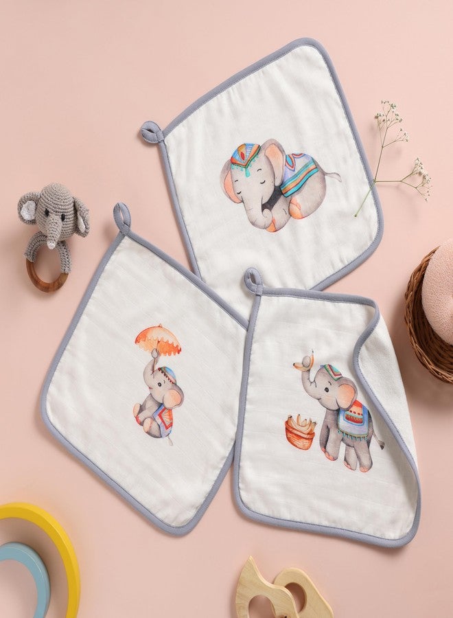 Cugo Baby Wash Cloth for New Born Washable, Reusable, Absorbent, Extra Soft Face Towels/Washcloth for Babies, Pack of 3 Pcs, (Royal Little Elephants) - Image 1