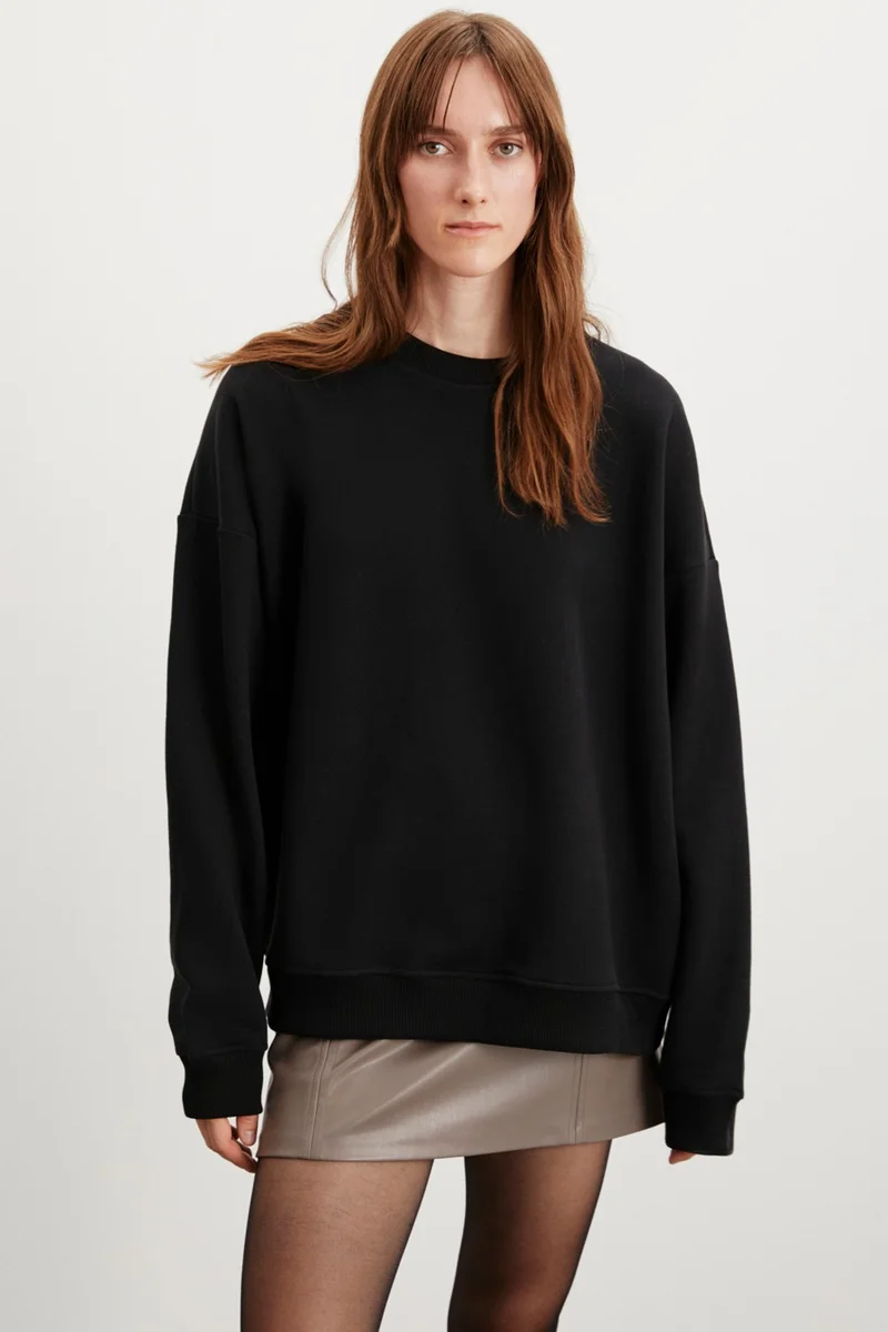 GRIMELANGE Allys Women's Crew Neck Oversize Basic Black Sweatshirt