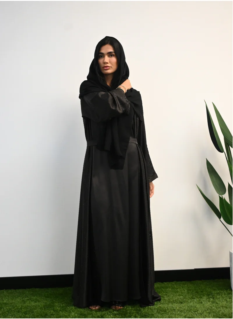 JAMEELA Black Pleated Front Open Abaya 3 pieces Set