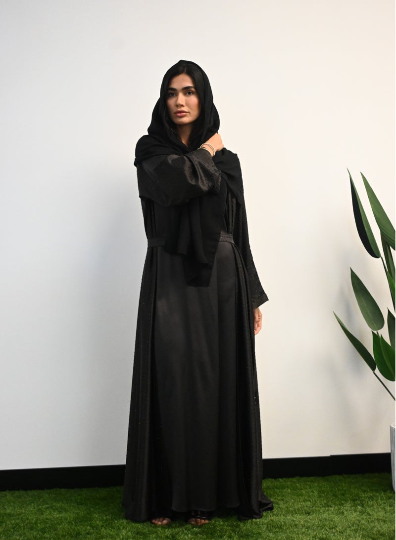 JAMEELA Black Pleated Front Open Abaya 3 pieces Set  - Image 1
