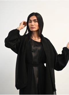 JAMEELA Black Pleated Front Open Abaya 3 pieces Set  - Image 2