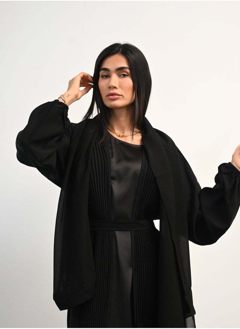 JAMEELA Black Pleated Front Open Abaya 3 pieces Set  - Image 2