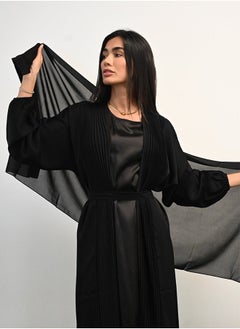 JAMEELA Black Pleated Front Open Abaya 3 pieces Set  - Image 3