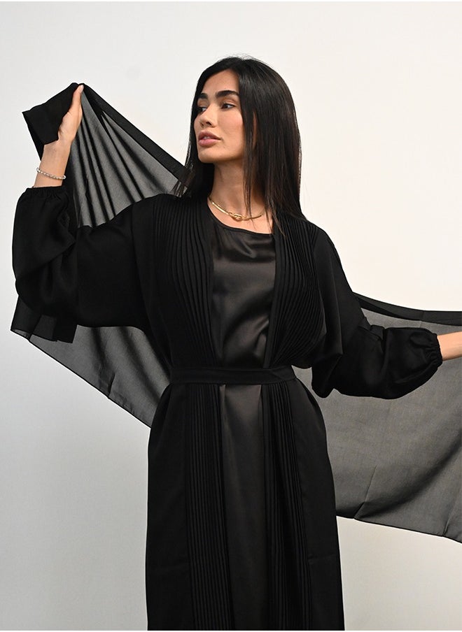 JAMEELA Black Pleated Front Open Abaya 3 pieces Set  - Image 3