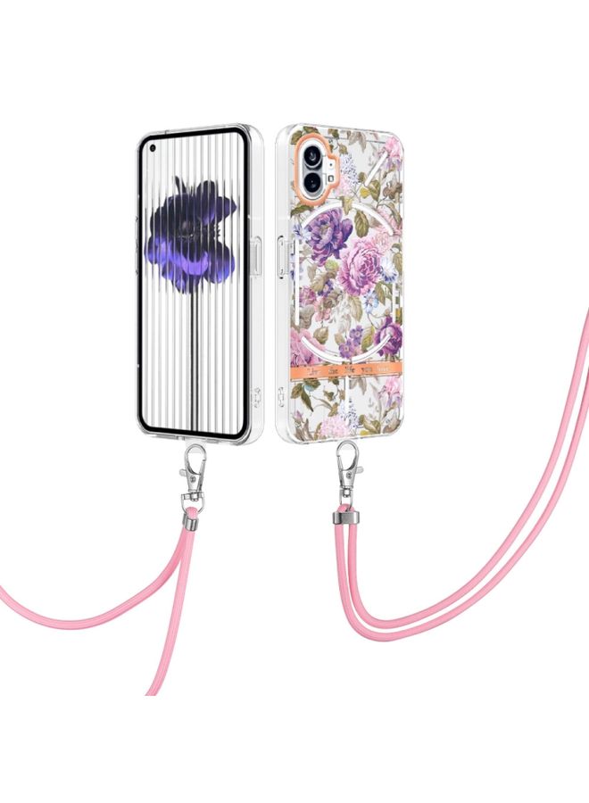 Case Cover For Nothing Phone 1 Flowers Series TPU Phone Case with Lanyard Purple Peony