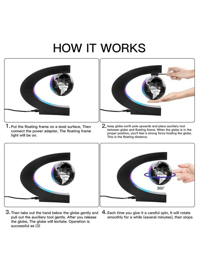 Gresus كرة الأرض المعنوية العائمة خريطة العالم مع قاعدة على شكل C كرة عائمة مع أضواء LED هدية رائعة للآباء والطلاب والمعلمين والأعمال وصديق عيد الميلاد لتزيين المكتب (أسود) - Image 3