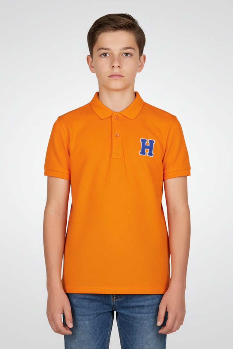 Hamleys Kids Boy Spread Collar Short Sleeve Embroidered Polo Shirt, Orange - Image 1