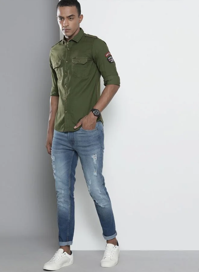 The Indian Garage Co Men Slim Fit Solid Full Sleeves Spread Collar Double Flap Pocket Casual Shirt