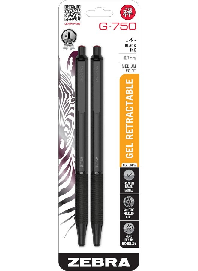 Zebra Pen G-750 Retractable Gel Pen, Black Brass Barrel, Medium Point, 0.7mm, Black Ink, 2-Pack (49812) - Image 1