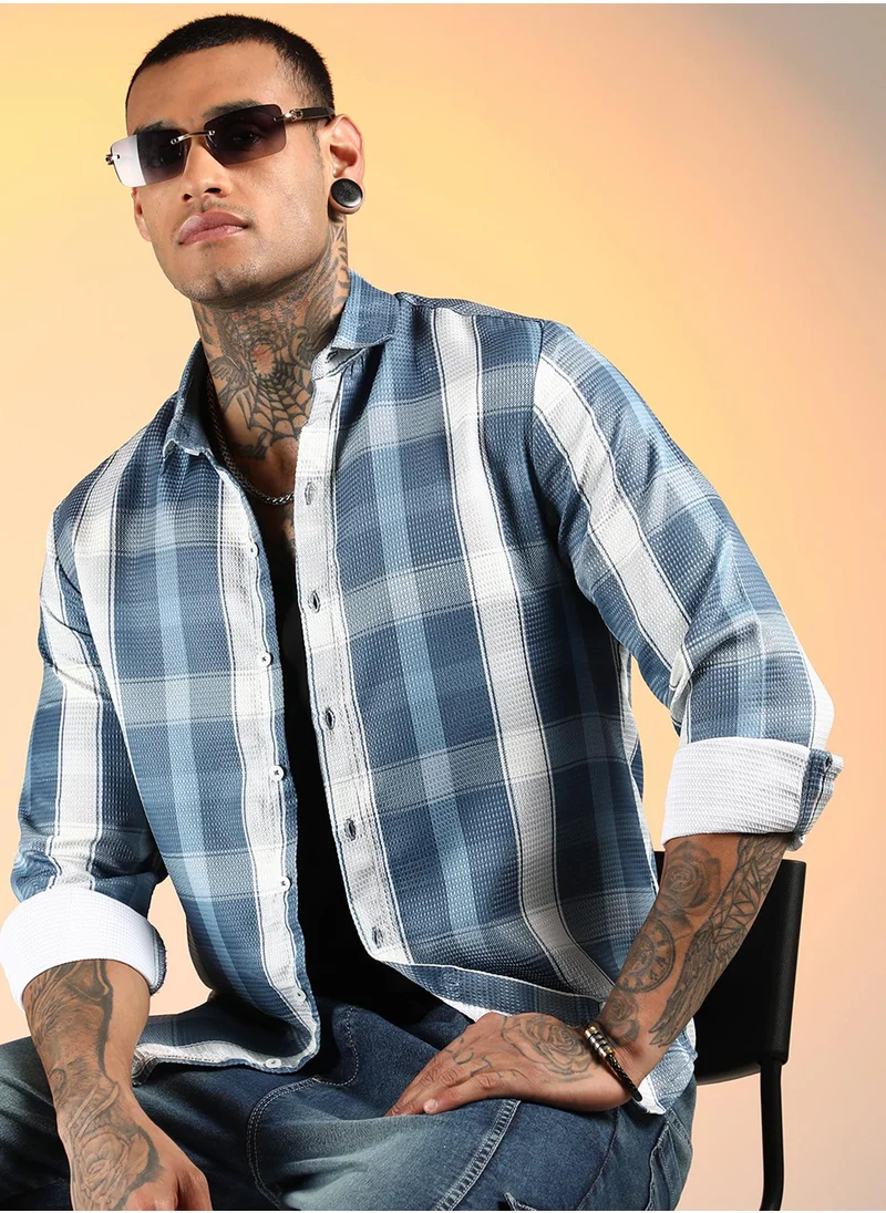 Campus Sutra Men's Steel Blue Tartan Plaid Shirt
