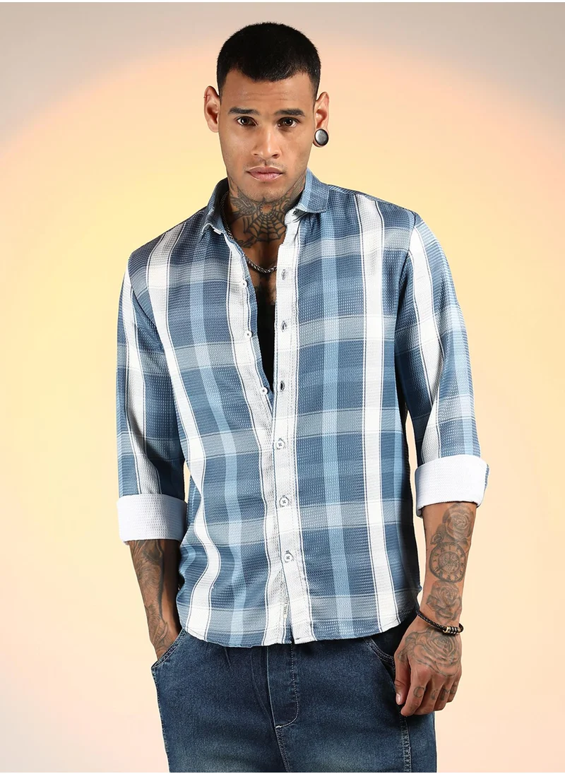 Campus Sutra Men's Steel Blue Tartan Plaid Shirt