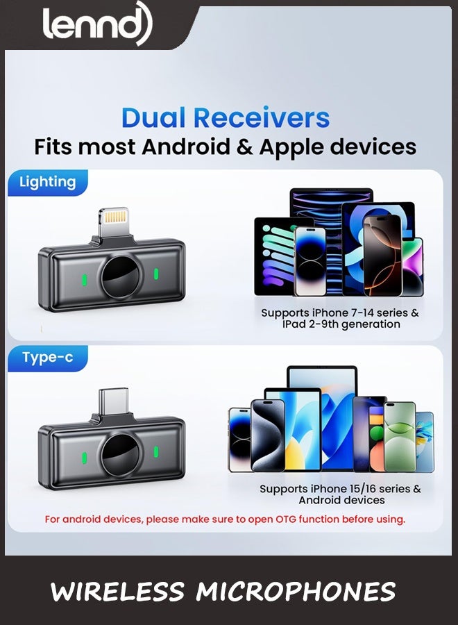LENND True Dual Receivers 2 Pcs Mini Microphone for iPhone 7-16/Android/Tablet,Lavalier Wireless Microphones with DSP Noise Cancellation,Magnetic Clip,18H,Mic Mini for TikTok,Live Streaming,Interviews,Gifts - Image 4