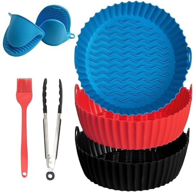 3 Air Fryer Silicone Liners & 3 Air Fryer Accessories - 7.5 inch (3-5 Qt+) Food Grade Reusable Silicone Baskets/Pots/Liners with Oven Mitts, Basting Brush and Tongs (Multicolour)