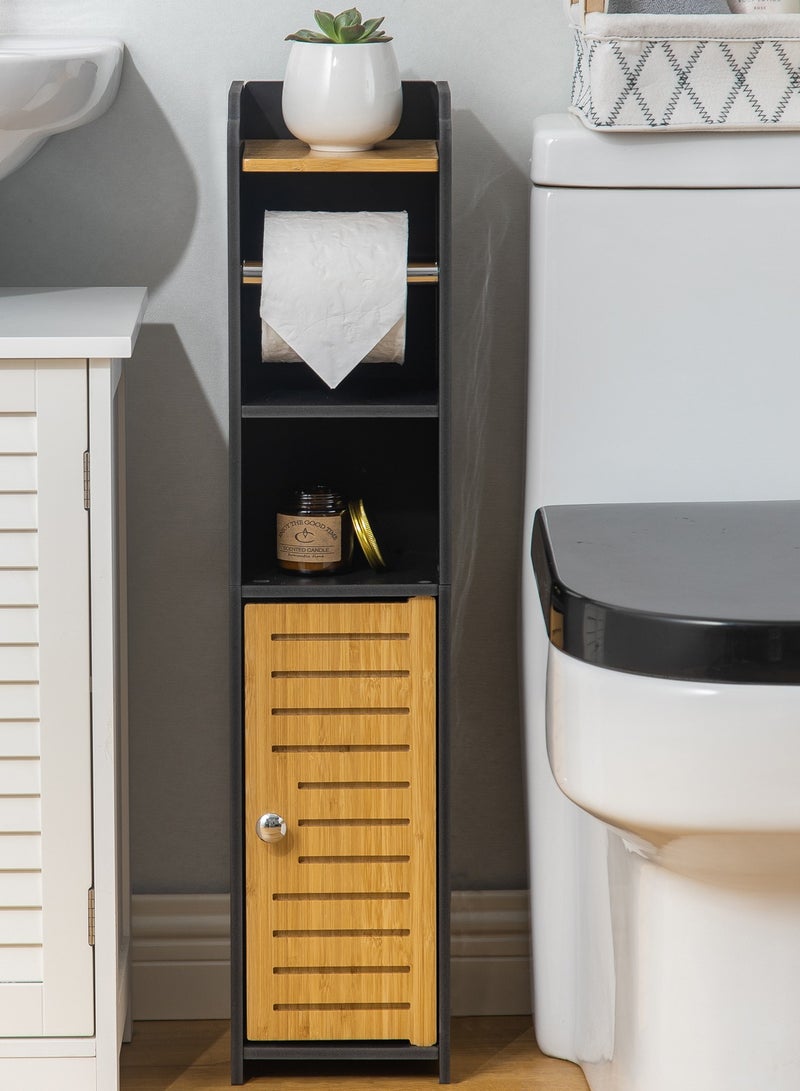 اوجيزور حامل ورق تواليت، خزانة حمام بباب خيزران، مادة PVC وخامة الخيزران، مناسبة لأي مشهد، ارتفاع 30 بوصة (76 سم)، أسود - Image 1