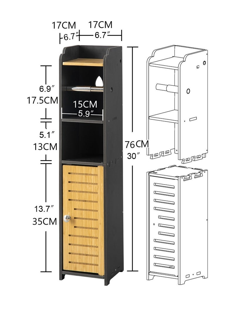 اوجيزور حامل ورق تواليت، خزانة حمام بباب خيزران، مادة PVC وخامة الخيزران، مناسبة لأي مشهد، ارتفاع 30 بوصة (76 سم)، أسود - Image 3