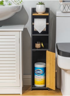 AOJEZOR Toilet paper holder, bathroom storage cabinet with bamboo door, PVC material and bamboo material, suitable for any scene, height 30 inches (76 cm),Black  - Image 4