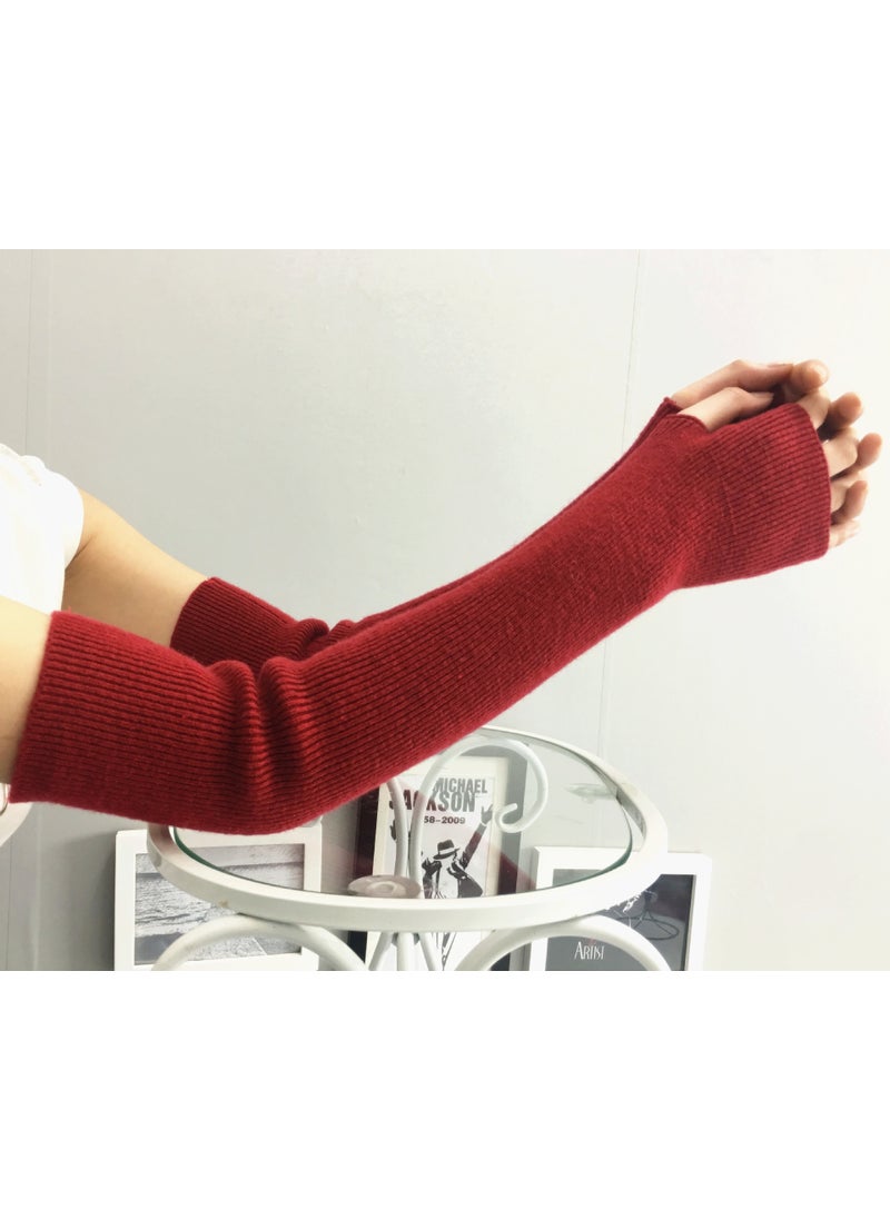 Generic - Cashmere Arm Warmers Fingerless Long Gloves for Women Autumn Winter Thick Warm Wool Sleeve Wine Red - Image 1