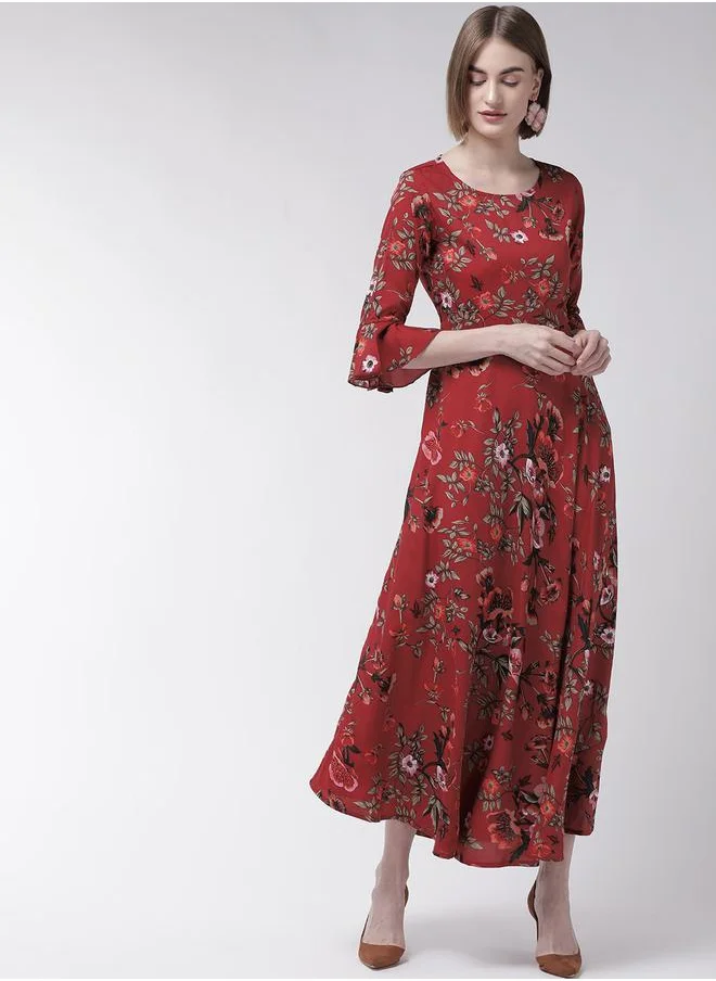 U&F Floral Print A-Line Maxi Dress with Bell Sleeves by Styli