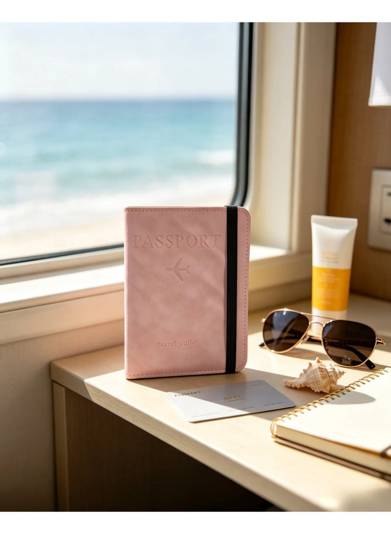 Travel RFID Blocking Passport Cover PU Leather Document Organizer with Elastic Strap, Holds Credit Cards, ID Cards and Boarding Passes, Pink - Image 5