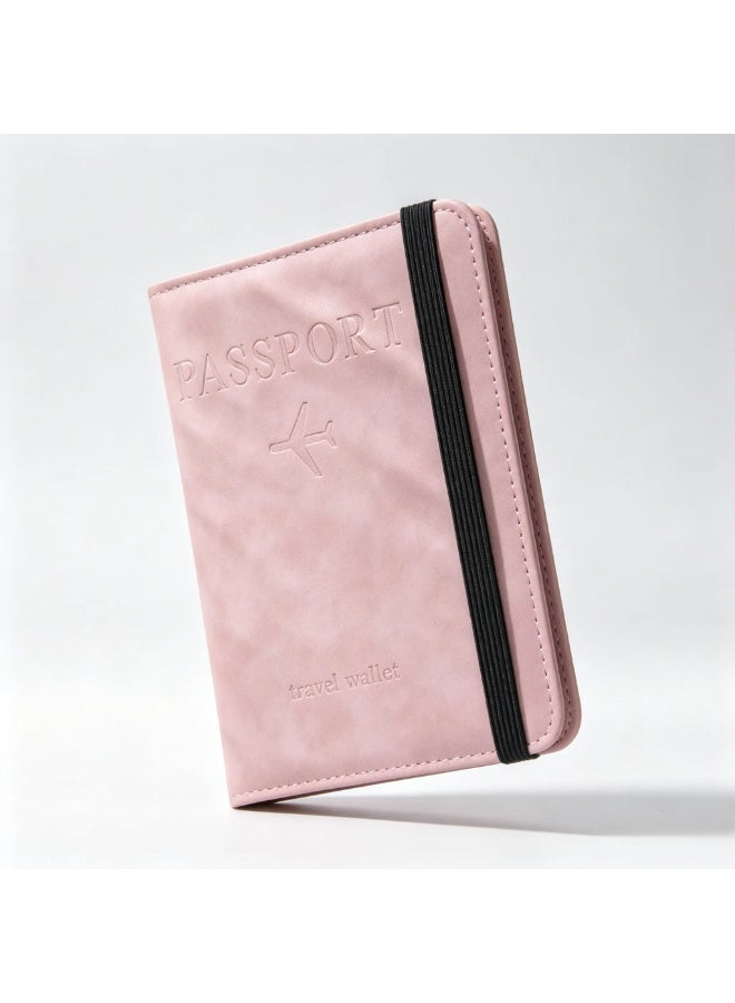 Travel RFID Blocking Passport Cover PU Leather Document Organizer with Elastic Strap, Holds Credit Cards, ID Cards and Boarding Passes, Pink - Image 1