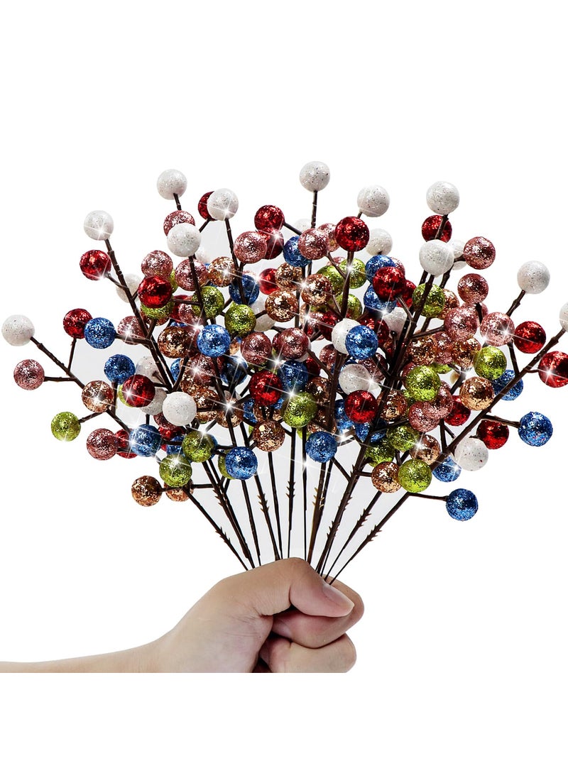 Kesywale 16 Pieces Artificial Glitter Berries Stems  9-Inch Christmas Picks Berry Sprays Twig Glitter Holly Berry Branches for Xmas Tree Fillers Ornament  Wreath  Crafts  Home Holiday Decor (Colorful)  - Image 1