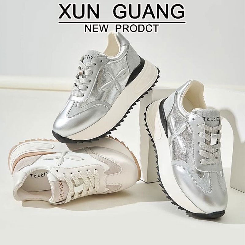 Genuine Leather 8Cm Thick Sole Increased Silver Forrest Gump Shoes Women'S 2025 Spring And All-Match Little Dad Shoes - Image 4